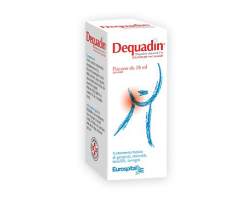 <b>Dequadin 0,5% soluzione per mucosa orale<br>  Dequadin 0,5% spray per mucosa orale</b><br>  Dequalinio cloruro<br><b>Che cos’è e a che cosa serve</b><br>Dequadin contiene il principio attivo dequalinio cloruro (detto anche decametilen bis 